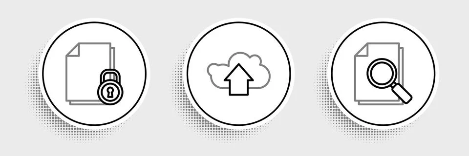 Set line Document with search, and lock and Cloud upload icon. Vector Illustrazione stock