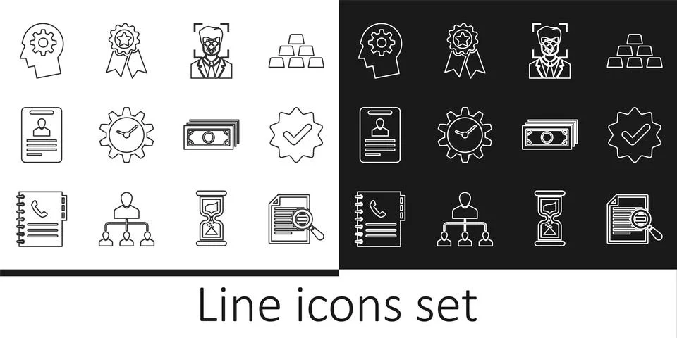 Set line Document with search, Approved and check mark, Face recognition, T.. 스톡 일러스트
