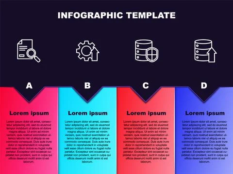 Set line Document with search, Arrow growth gear, Server shield and Server, Data Stock Illustration