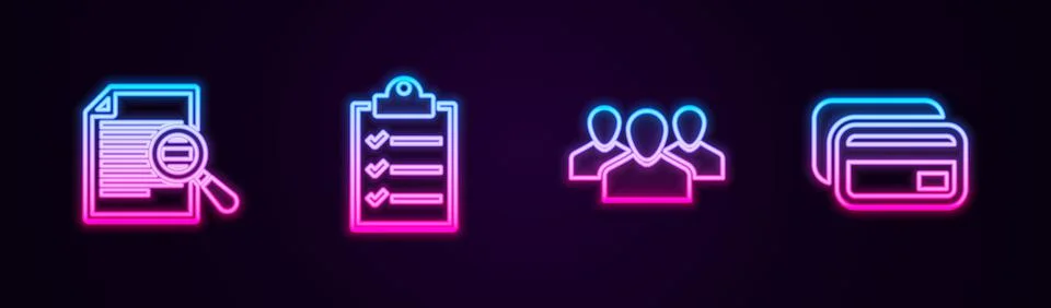 Set line Document with search, Clipboard checklist, Users group and Credit card Stock Illustration