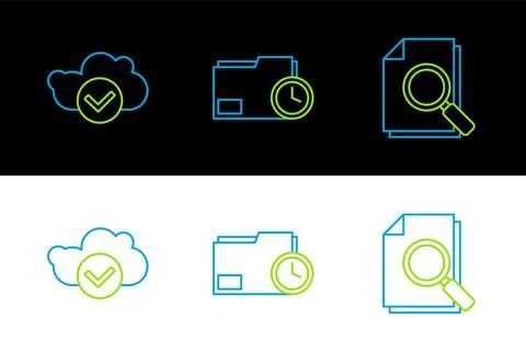 Set line Document with search, Cloud check mark and folder clock icon. Vector Stock Illustration