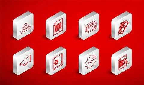 Set line Document with search, Credit card, Stacks paper money cash, Approv.. Stock Illustration