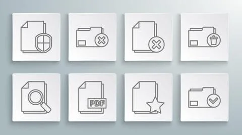 Set line Document with search, Delete folder, PDF file document, star, and check Stock Illustration