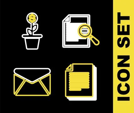 Set line Document with search, Envelope and Dollar plant in the pot icon. V.. Illustrazione stock