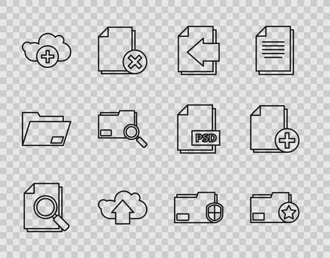 Set line Document with search, folder star, Next page arrow, Cloud upload, Add 스톡 일러스트