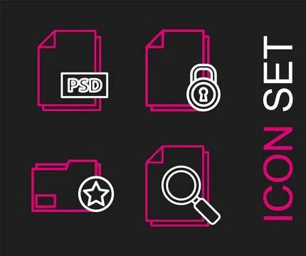 Set line Document with search, folder star, and lock and PSD file document icon 스톡 일러스트