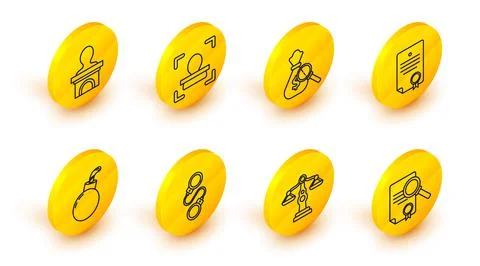 Set line Document with search, Handcuffs, Bomb ready to explode, Certificate 스톡 일러스트