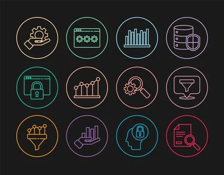 Set line Document with search, Location sales funnel, Pie chart infographic Ilustración de archivo