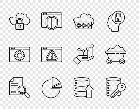 Set line Document with search, Password protection, Pie chart infographic, .. Illustrazione stock