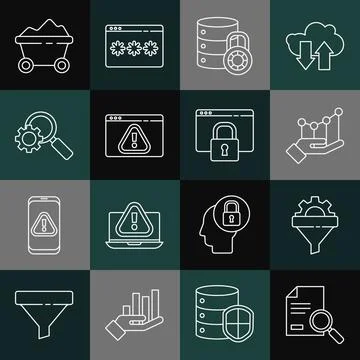 Set line Document with search, Pie chart infographic, Server security lock Ilustración de archivo