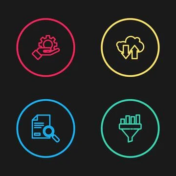 Set line Document with search, Sales funnel chart, Cloud download and upload and Stock Illustration