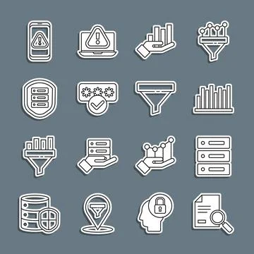 Set line Document with search, Server, Data, Web Hosting, Pie chart infographic Stock Illustration