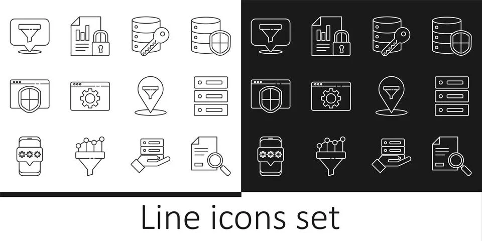 Set line Document with search, Server, Data, Web Hosting, security key, Bro.. Illustrazione stock