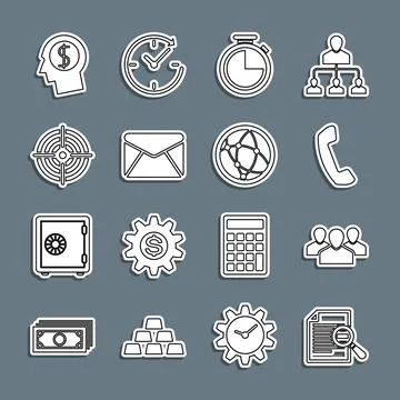 Set line Document with search, Users group, Telephone handset, Stopwatch, E.. イラスト素材