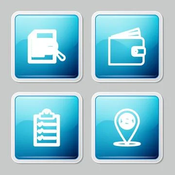 Set line Document with search, Wallet, Clipboard checklist and Cash location  Stock-Illustration