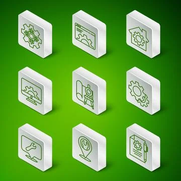 Set line Document settings and pen, Location with wrench spanner, Processor Illustrazione stock