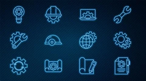 Set line Document settings and pen, Gear, Laptop gear, Worker safety helmet.. 스톡 일러스트