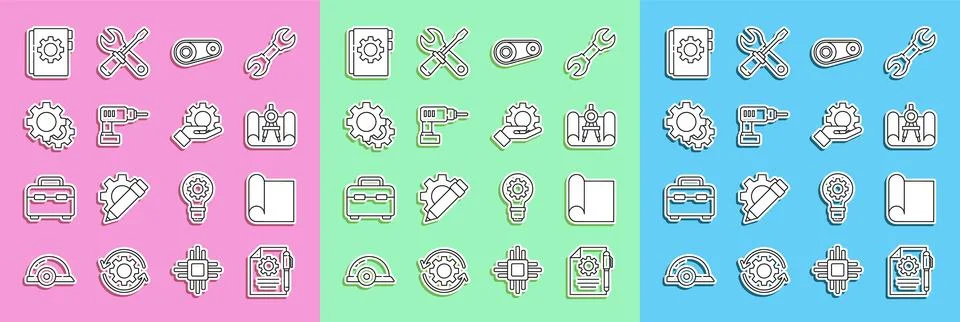 Set line Document settings and pen, Graphing paper for engineering, compass.. Stock Illustration