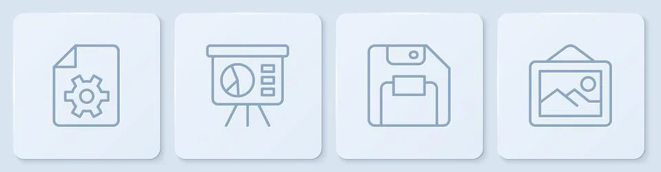 Set line Document settings, Floppy disk, Board with graph and Picture landscape Illustrazione stock