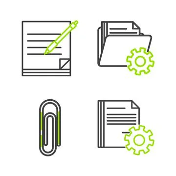Set line Document settings with gears, Paper clip, Folder and Blank notebook and Stock Illustration