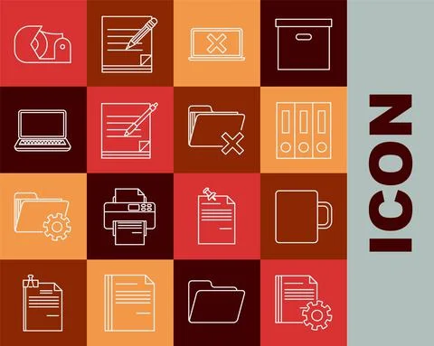 Set line Document settings with gears, Coffee cup, Office folders papers and Stock Illustration