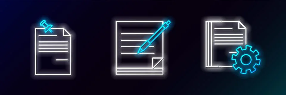 Set line Document settings with gears, Note paper pinned pushbutton and Blank Stock Illustration