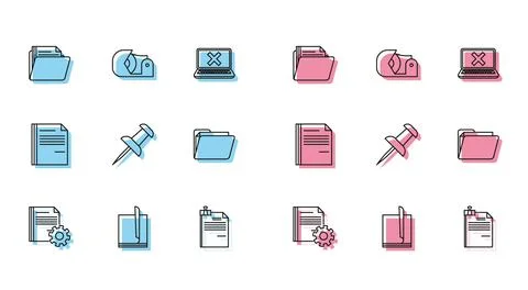 Set line Document settings with gears, File document, folder, and binder clip 스톡 일러스트
