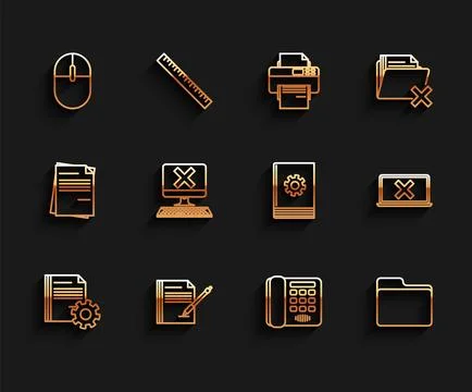 Set line Document settings with gears, Blank notebook and pen, Computer mouse イラスト素材