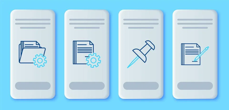 Set line Document settings with gears, Push pin, Folder and Blank notebook .. Stock Illustration