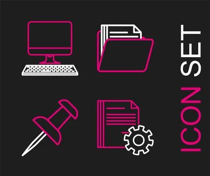 Set line Document settings with gears, Push pin, folder and Computer monito.. Stock Illustration