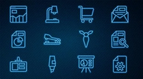 Set line Document settings, with graph chart, Shopping cart, Stapler, Graph Stock Illustration