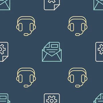 Set line Document settings, Headphones and Mail and e-mail on seamless pattern Stock Illustration