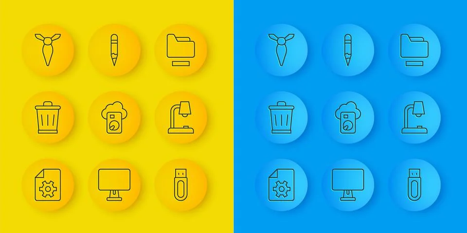 Set line Document settings, Trash can, Cloud database, USB flash drive, Table Stock Illustration