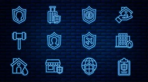 Set line Document with shield, Fire in burning house, Shield dollar, Life Stock Illustration