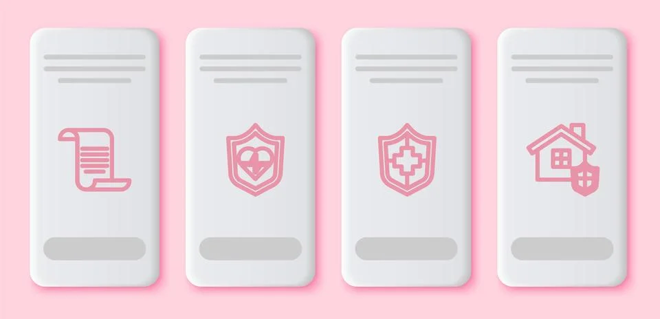 Set line Document with shield, Life insurance, and House. White rectangle button イラスト素材