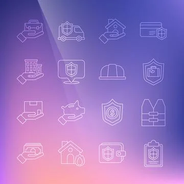 Set line Document with shield, Life jacket, Travel suitcase, House insurance, Ilustração Stock