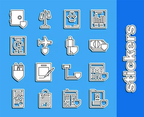 Set line Document with shield, Medical hospital building, Money, Certificate Ilustración de archivo