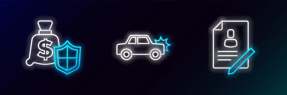 Set line Document with shield, Money and Car icon. Glowing neon. Vector Stock Illustration