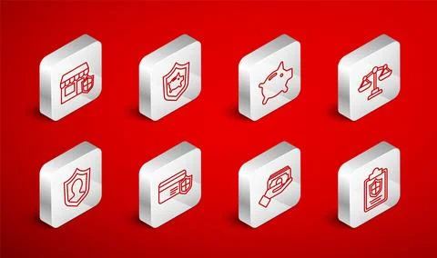 Set line Document with shield, Piggy bank, Scales of justice, Stacks paper money 库存插图