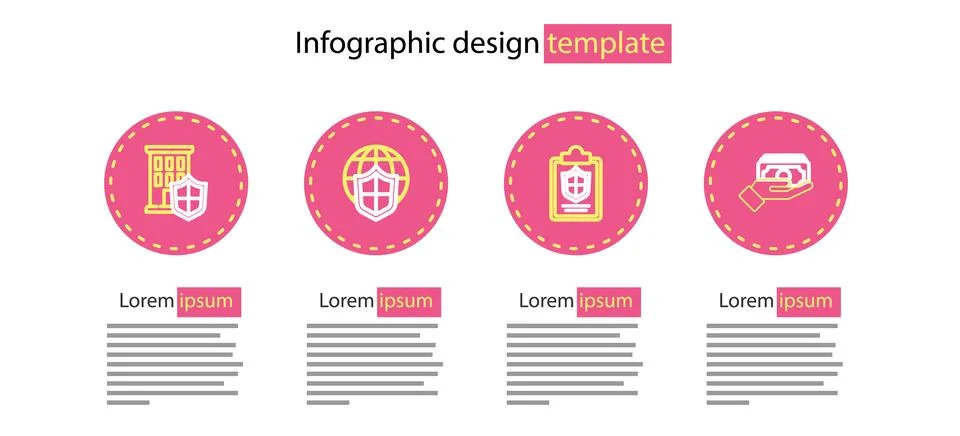 Set line Document with shield, Stacks paper money cash, Shield world globe and Illustrazione stock