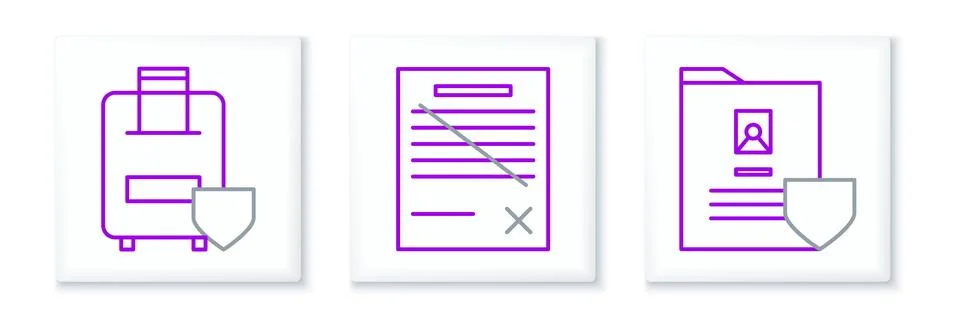 Set line Document with shield, Traveling baggage insurance and Delete file .. Stock Illustration