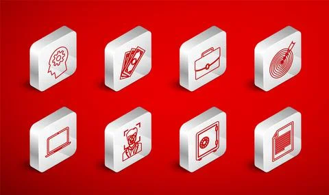 Set line Document, Stacks paper money cash, Briefcase, Target with arrow, Safe 库存插图