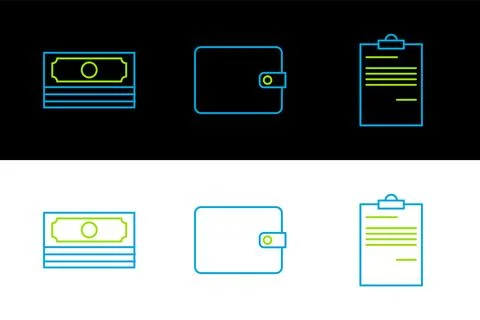 Set line Document, Stacks paper money cash and Wallet icon. Vector 库存插图