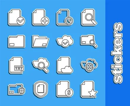 Set line Document with star, Cloud and shield, Search concept folder, clock.. Stockillustratie