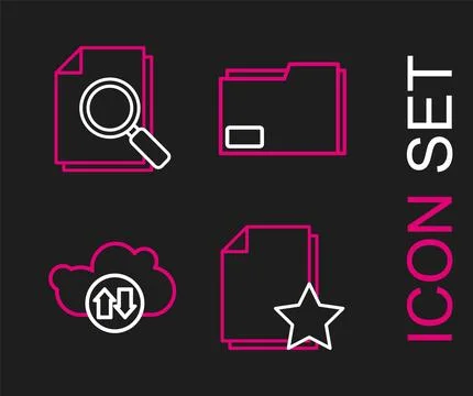 Set line Document with star, Cloud download and upload, folder and search i.. Stock Illustration