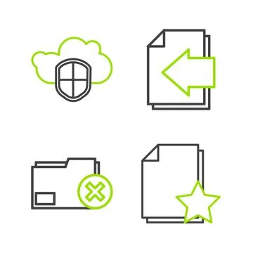 Set line Document with star Delete folder Next page arrow and Cloud and shiel 스톡 일러스트