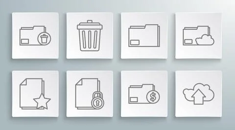 Set line Document with star, Trash can, and lock, Finance document folder, Cloud Stock-Illustration