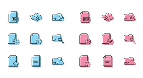 Set line Document with star, XLS file document, Cloud storage text folder, and Stock Illustration