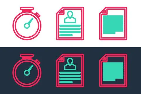 Set line Document, Stopwatch and Resume icon. Vector 스톡 일러스트