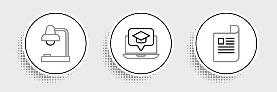 Set line Document, Table lamp and Graduation cap on screen laptop icon. Vecto Stock Illustration